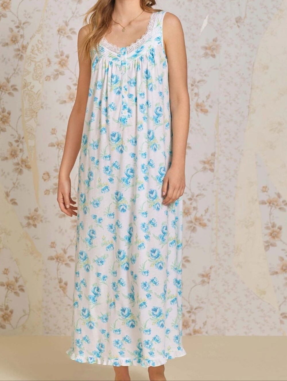 Eileen West White Night Dress with Blue and Green Floral Print Size Small